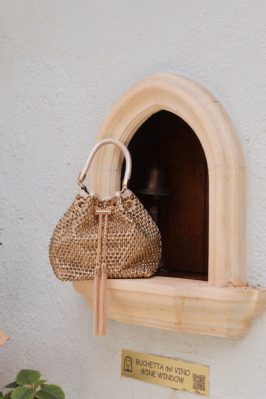 SANTORINI STUDDED HOTFIX POUCH - gold