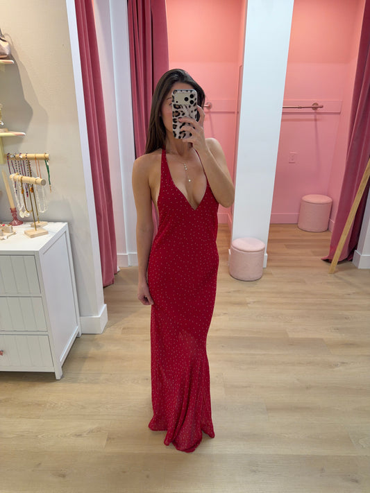 Kya Halter Open Back Maxi Dress- Red