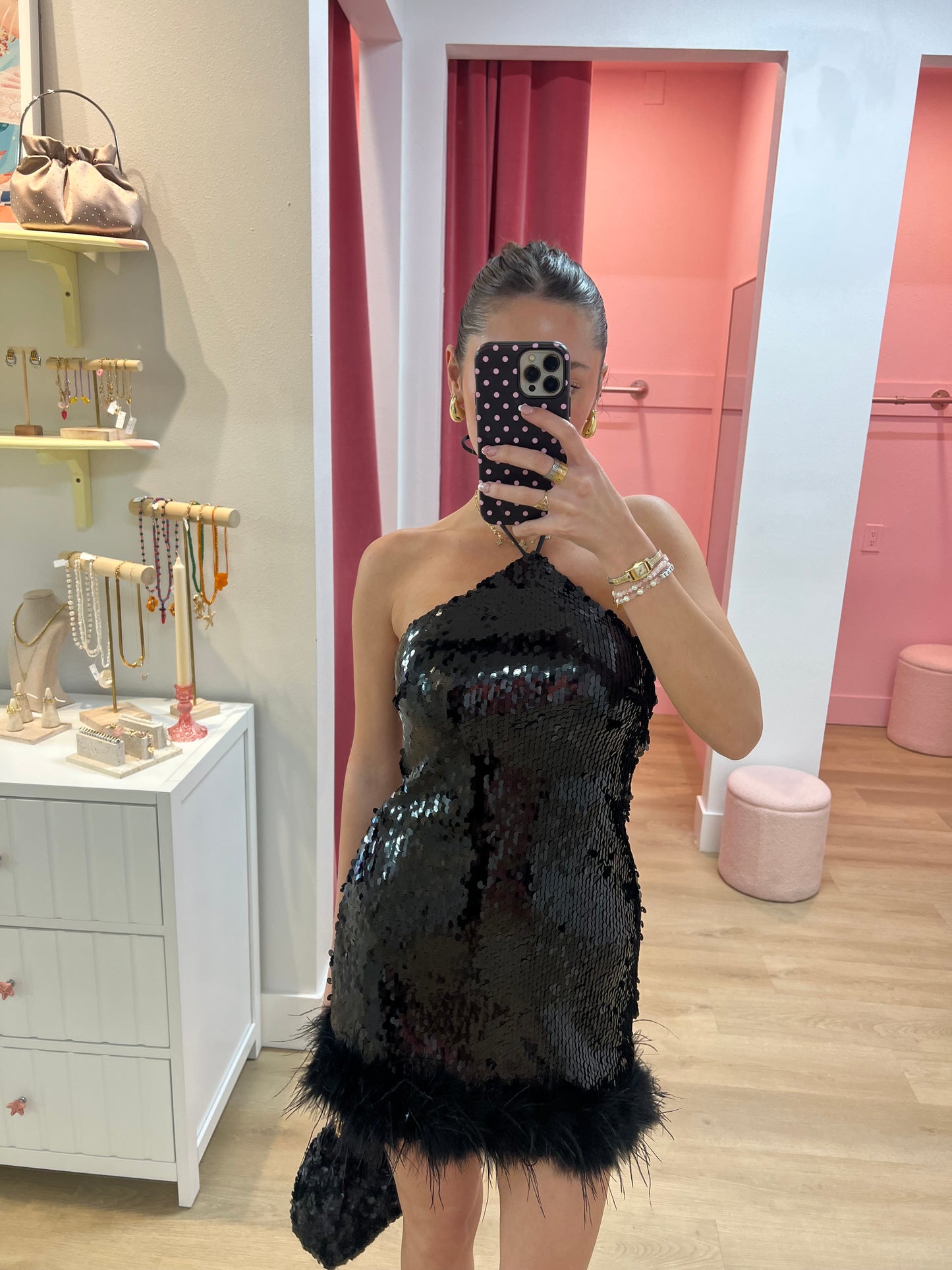 NICOLA FAUX FUR MINI DRESS - Black