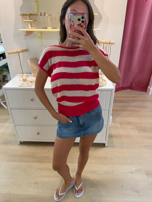 Lori Striped Knit Top - raspberry/beige