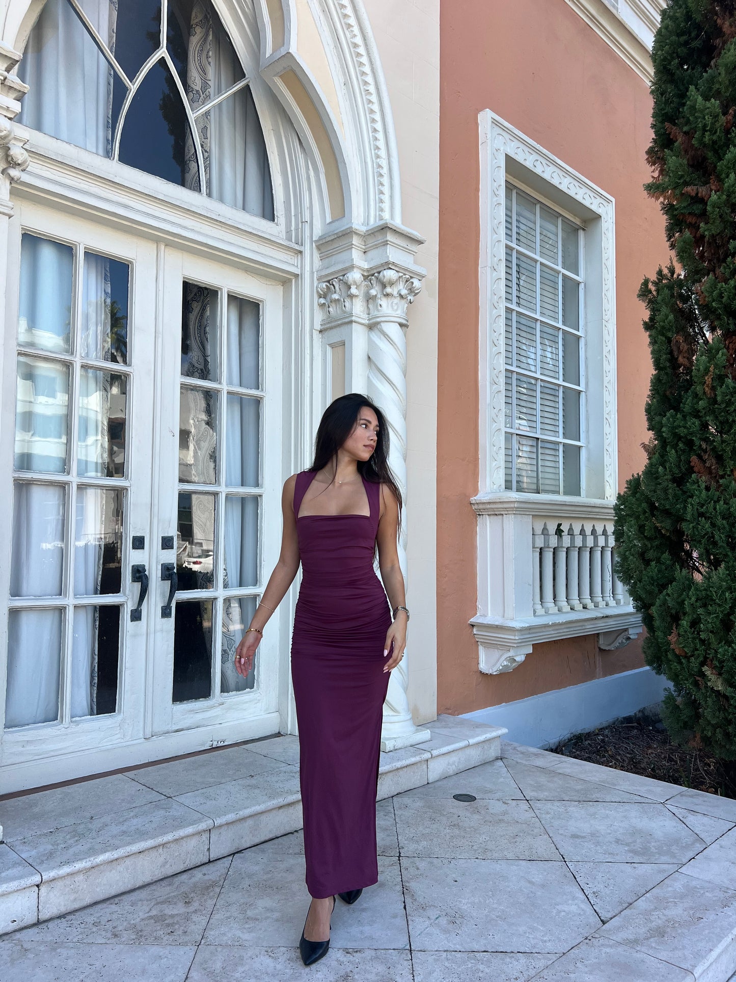 SHARNI RUCHED MIDI DRESS - PLUM