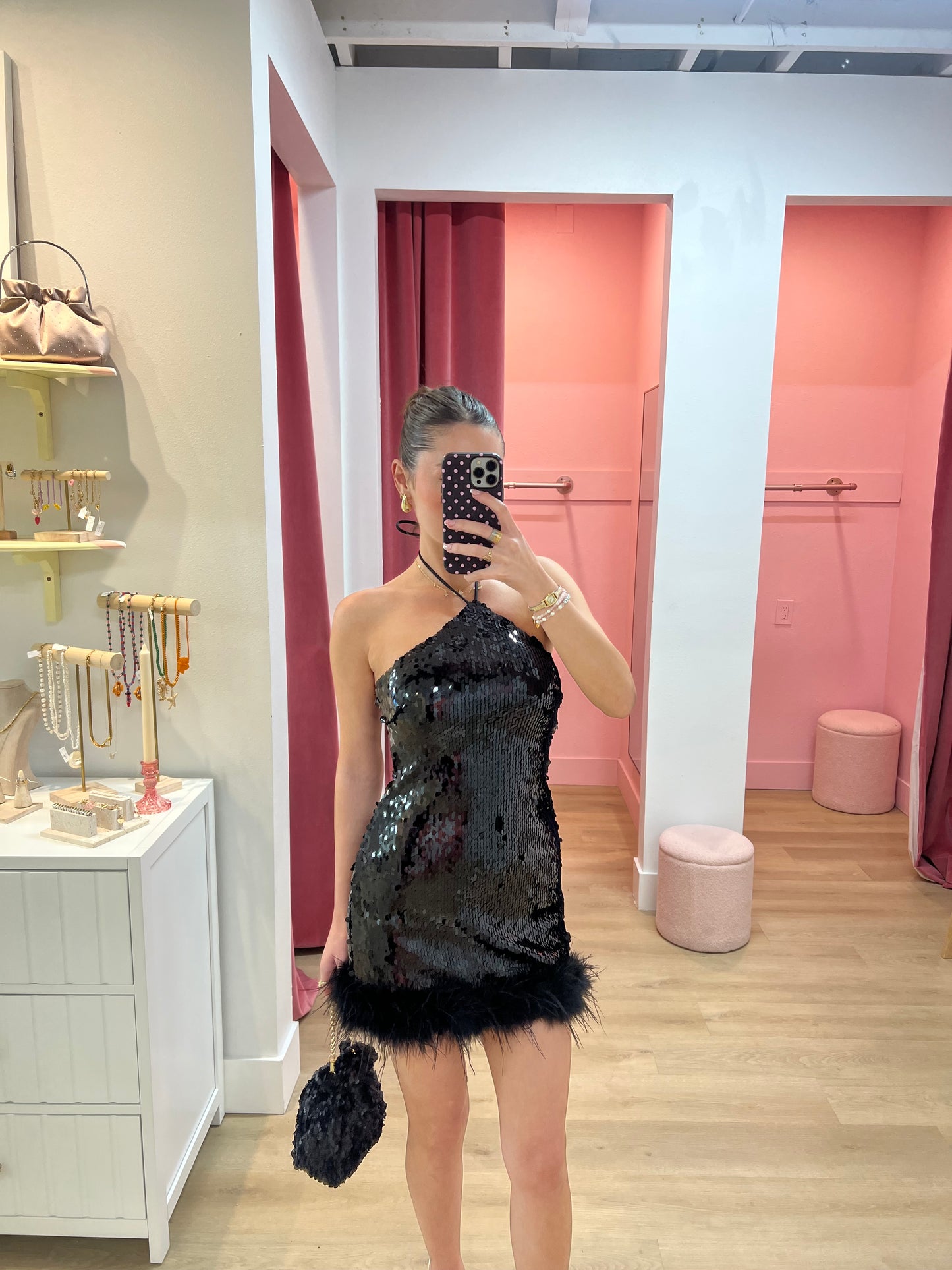 NICOLA FAUX FUR MINI DRESS - Black