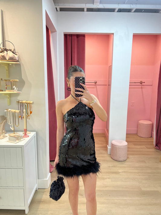 NICOLA FAUX FUR MINI DRESS - Black