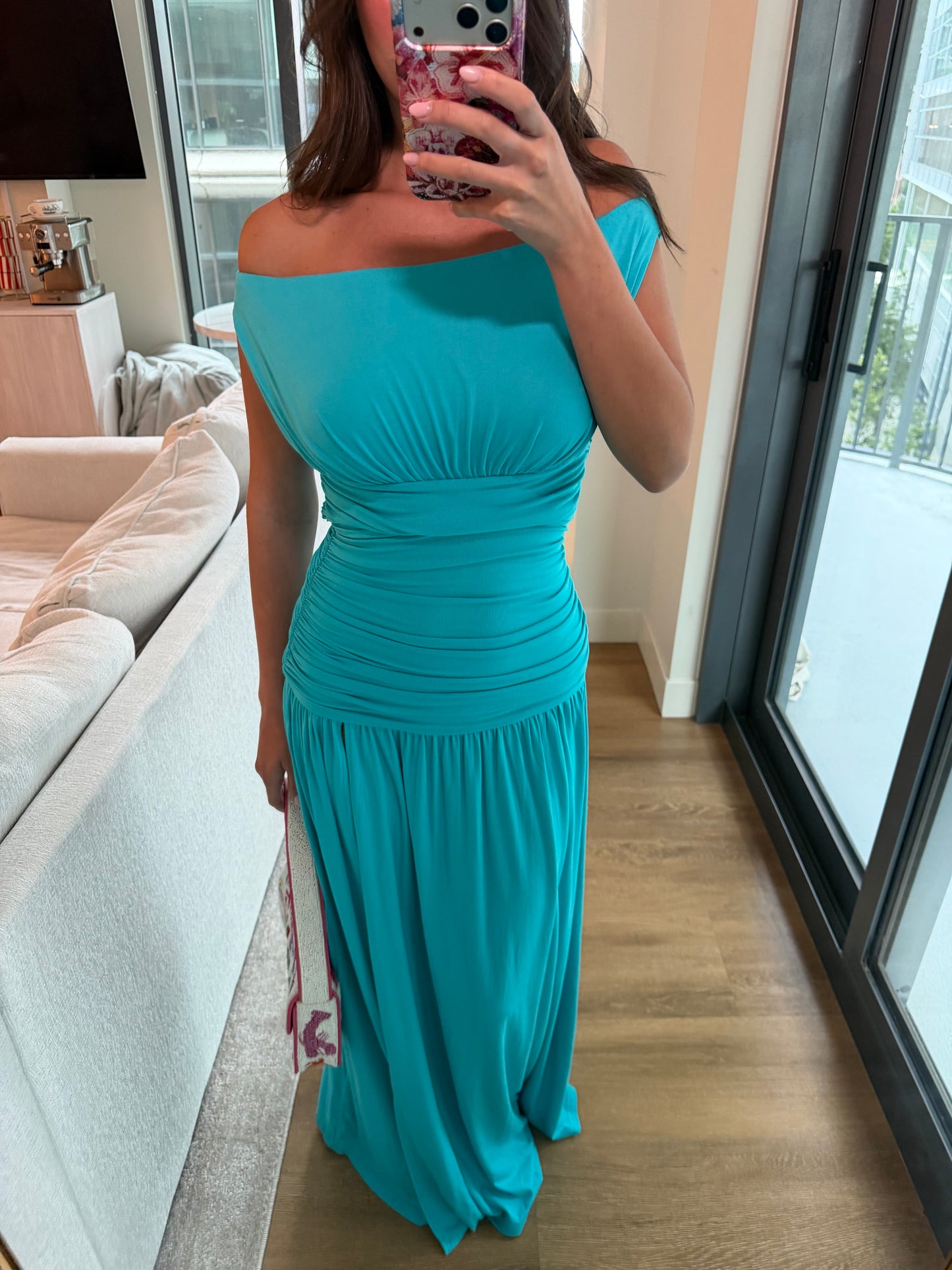 IVA OFF SHOULDER MAXI DRESS - TURQUOISE