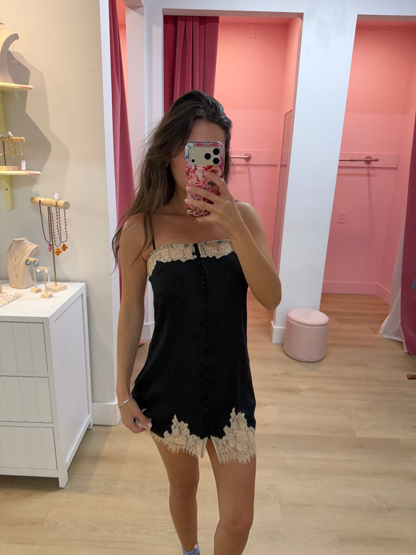 Josie Lace Trim Slip Mini Dress - Black/Cream