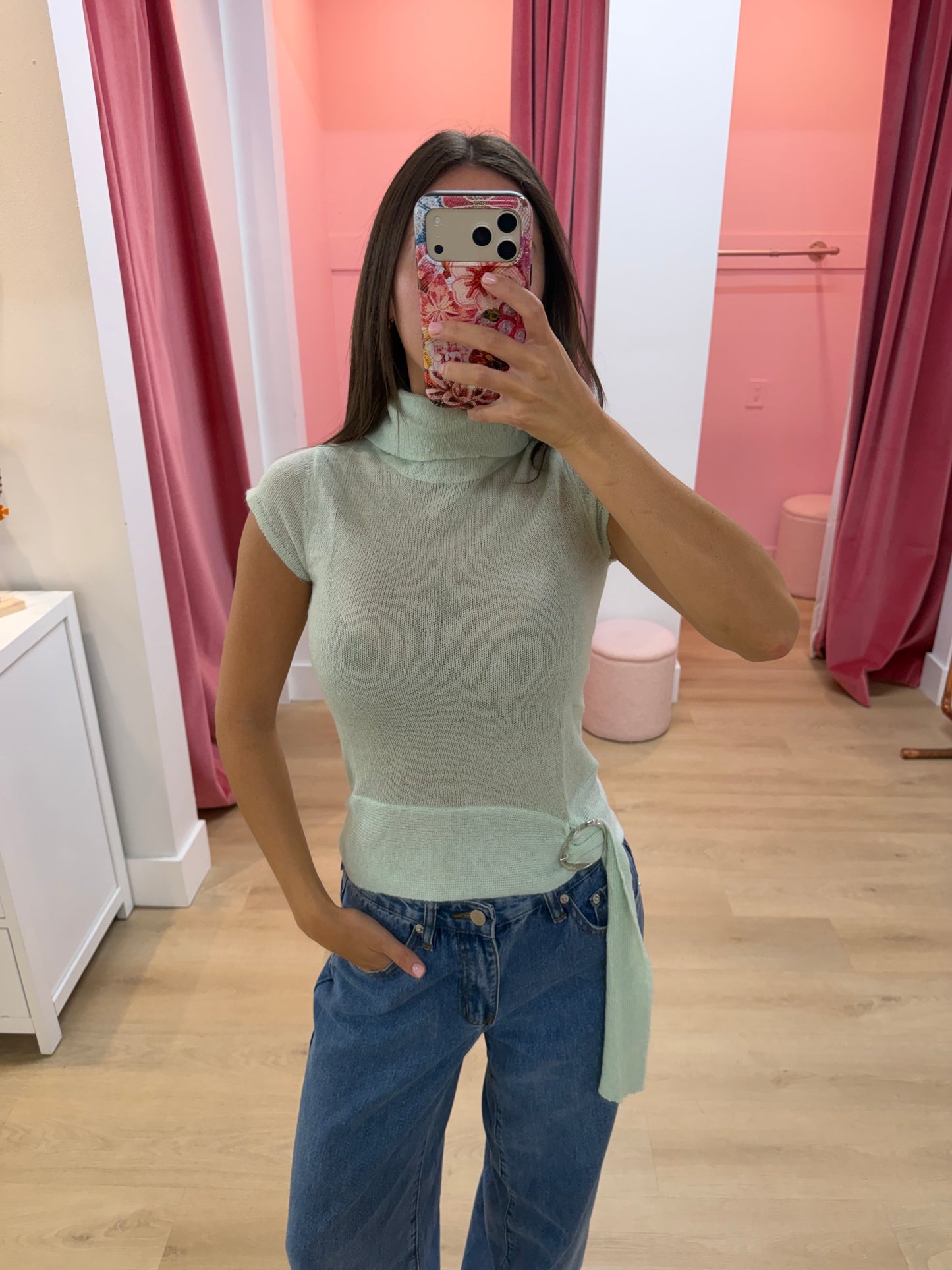 Jianna Buckle Waist Top - Sheer Knit Mint