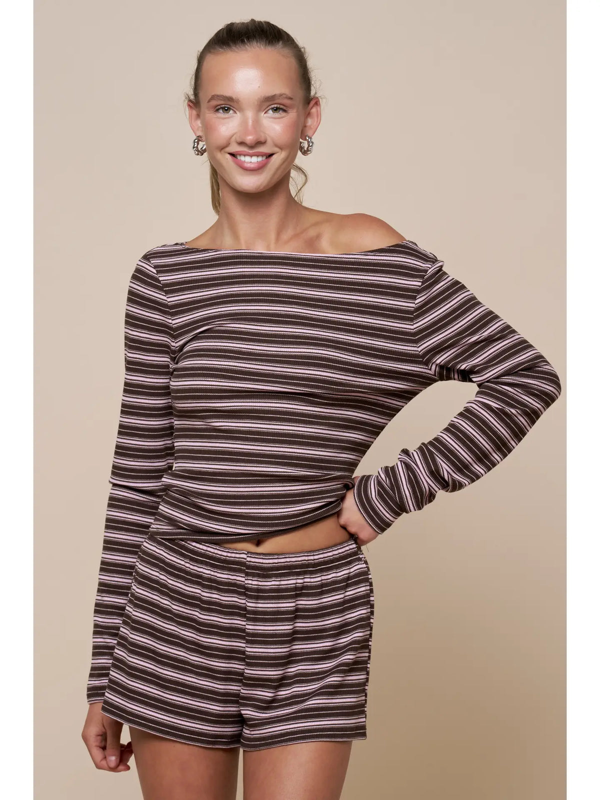 Alicia Stripe Boat Neck Top - PINK/ BROWN