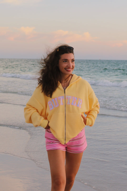 ‘BUTTER’ Waffle Zip Hoodie - Lilikoi