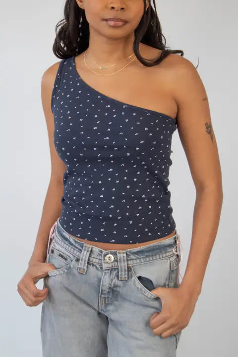 Dalia Pointelle One Shoulder Top - Navy