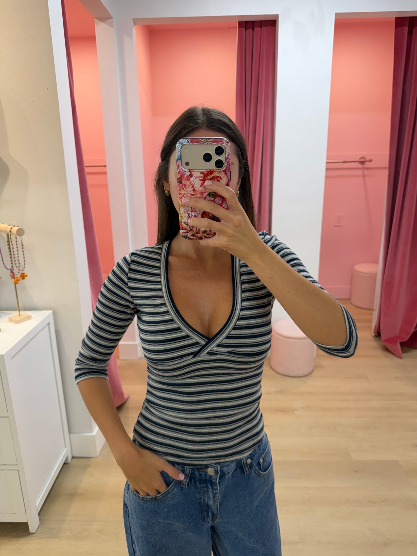 Piper Quarter Sleeve Top - Navy and Grey Stripe
