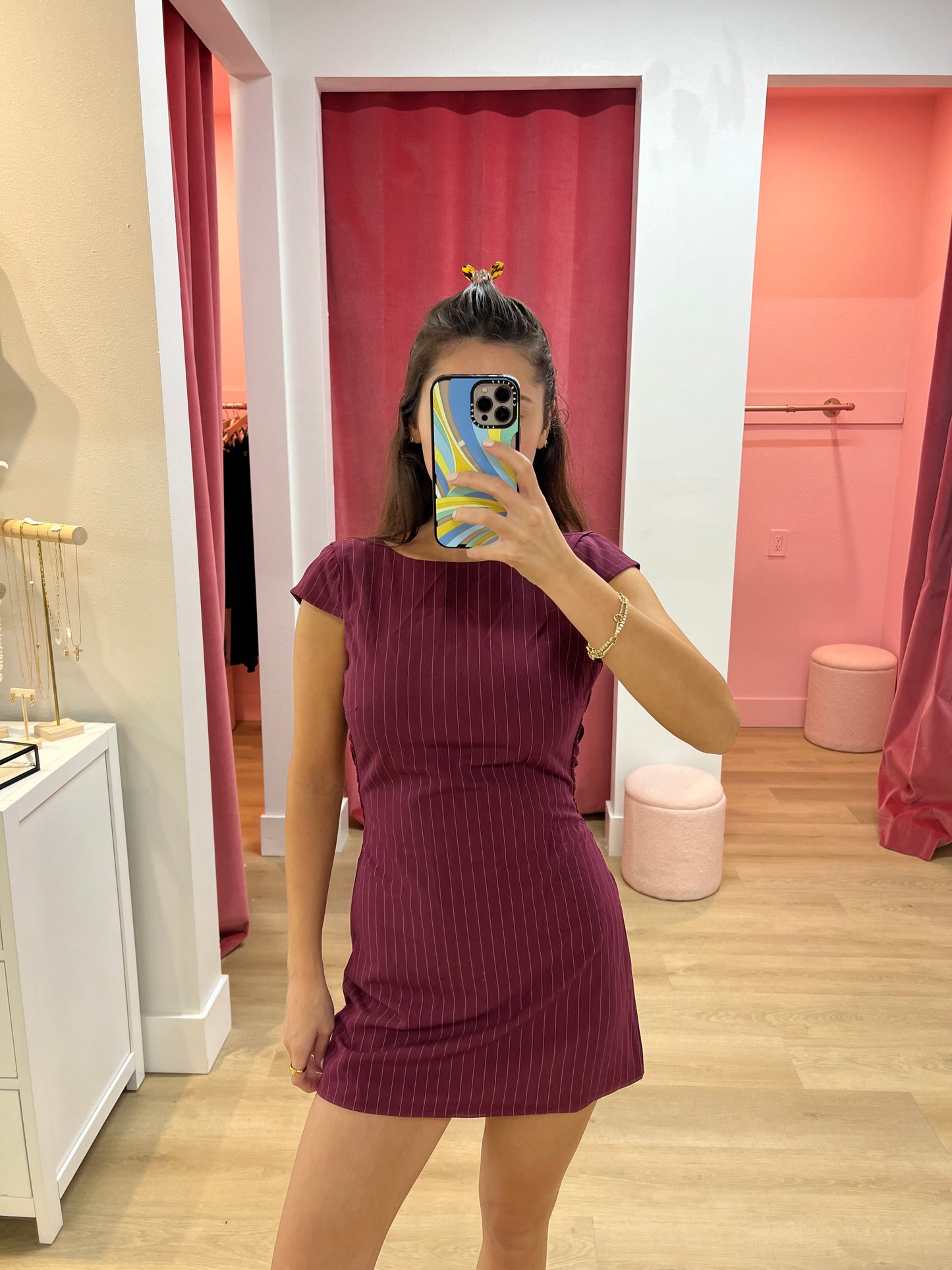 Gemma Pinstripe Back Bow Dress - Wine