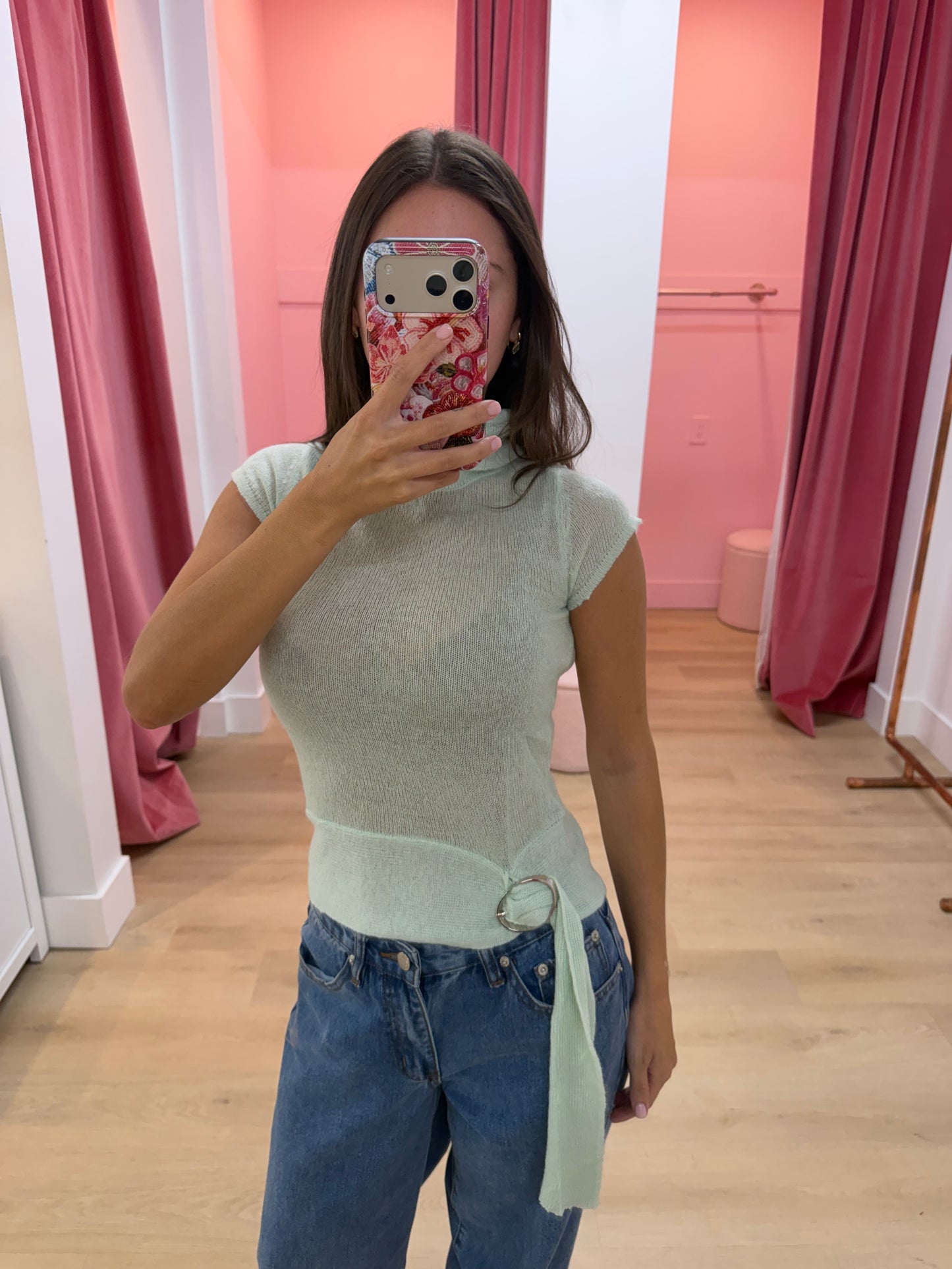 Jianna Buckle Waist Top - Sheer Knit Mint