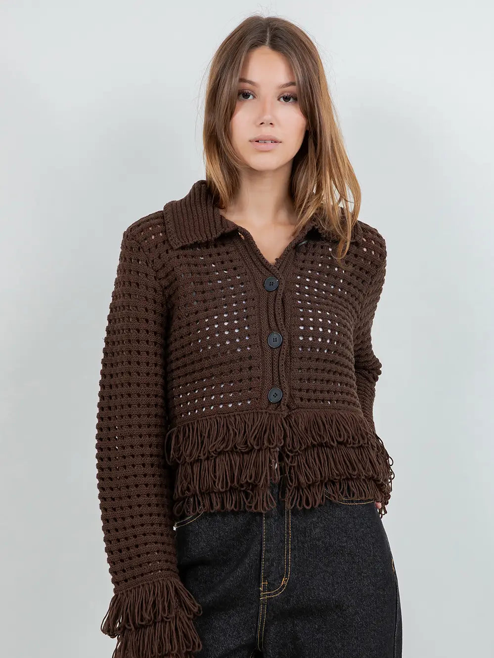 Willow Fringe Knit Cardigan - Brown