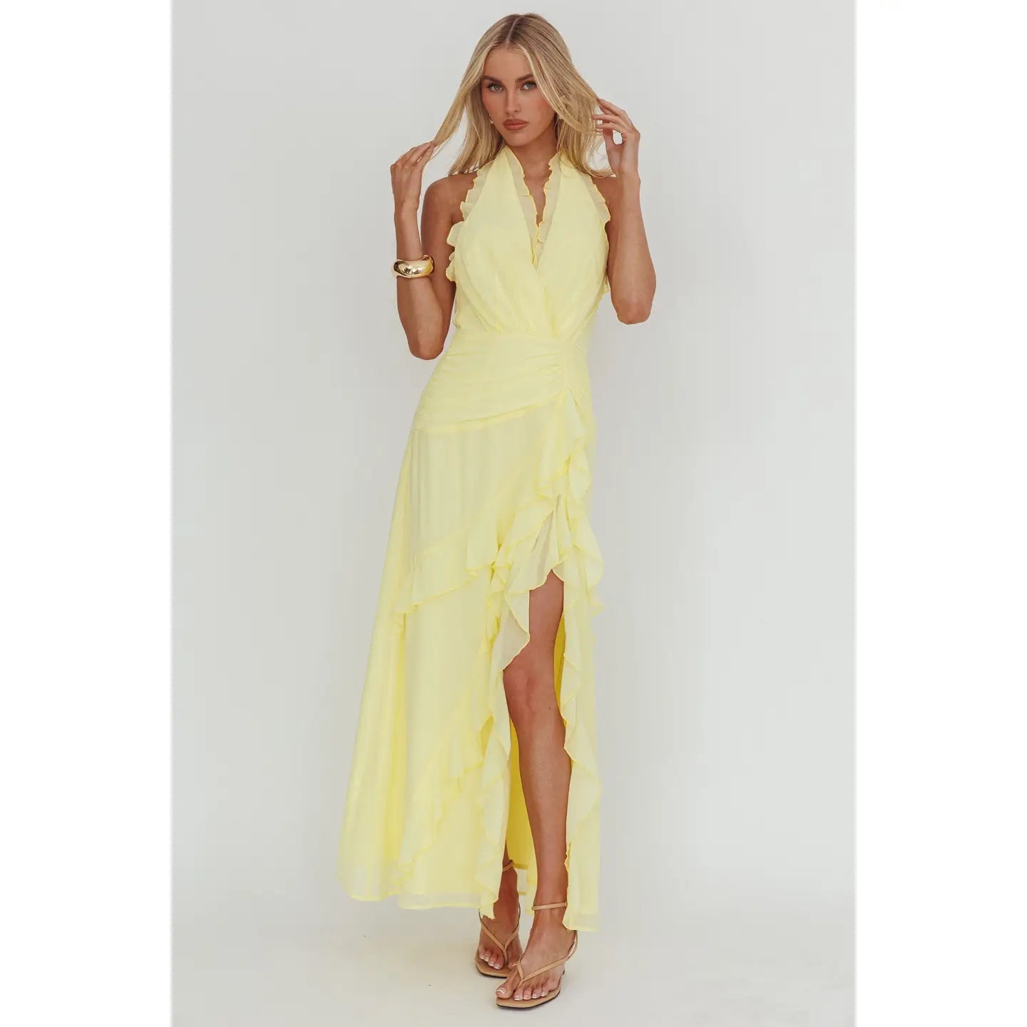 Libby Halter Ruffle Maxi Dress- Yellow