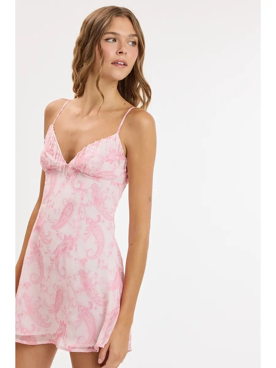 Perry Beading Mini Dress - Pink Paisley
