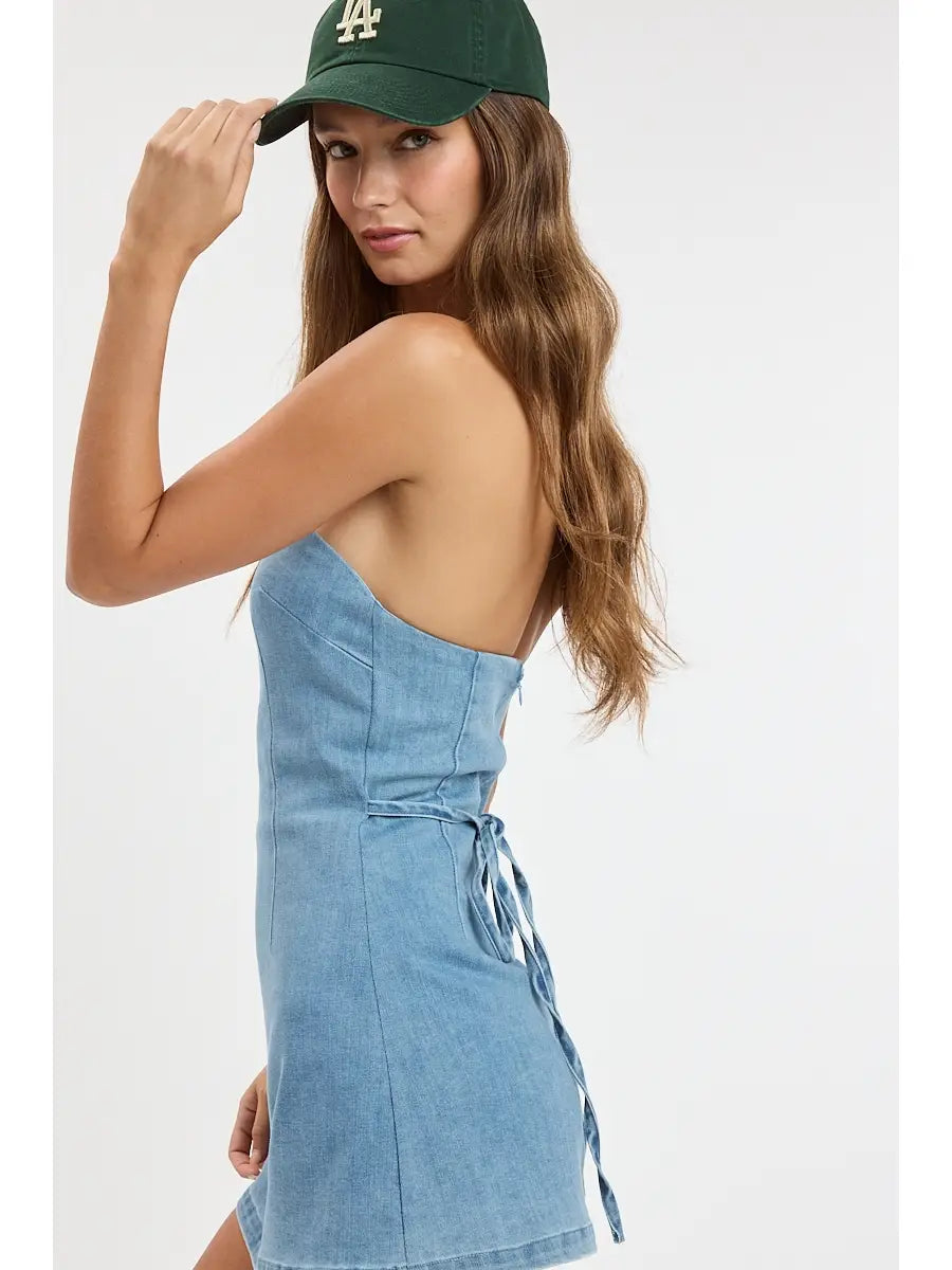 Game Day Denim Mini Dress - Light Blue