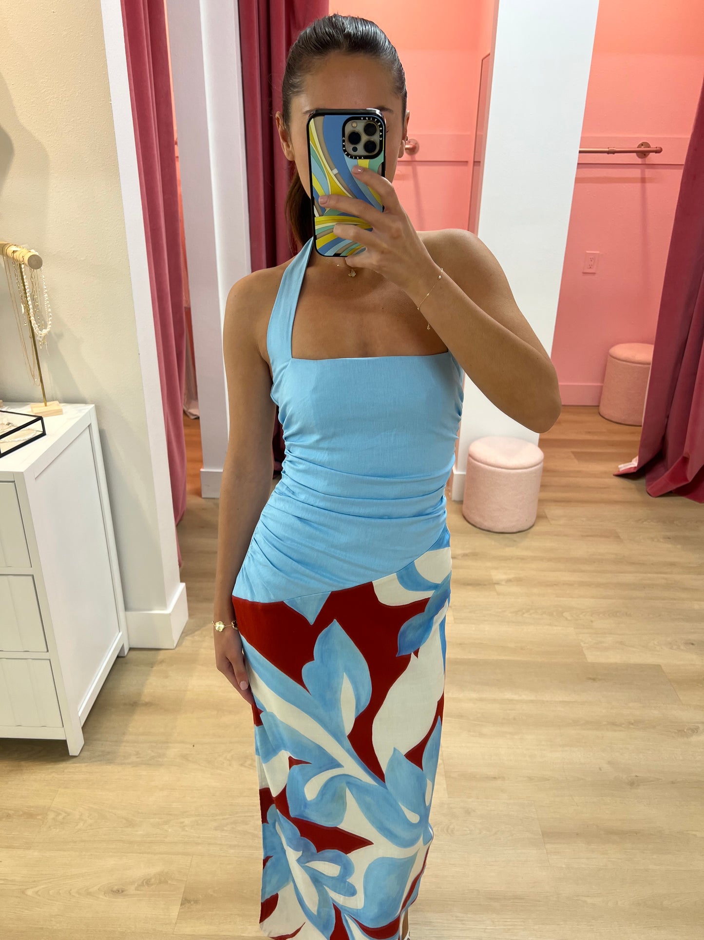 EVIE HALTER RUCHED MIDI DRESS - AMOREE RED