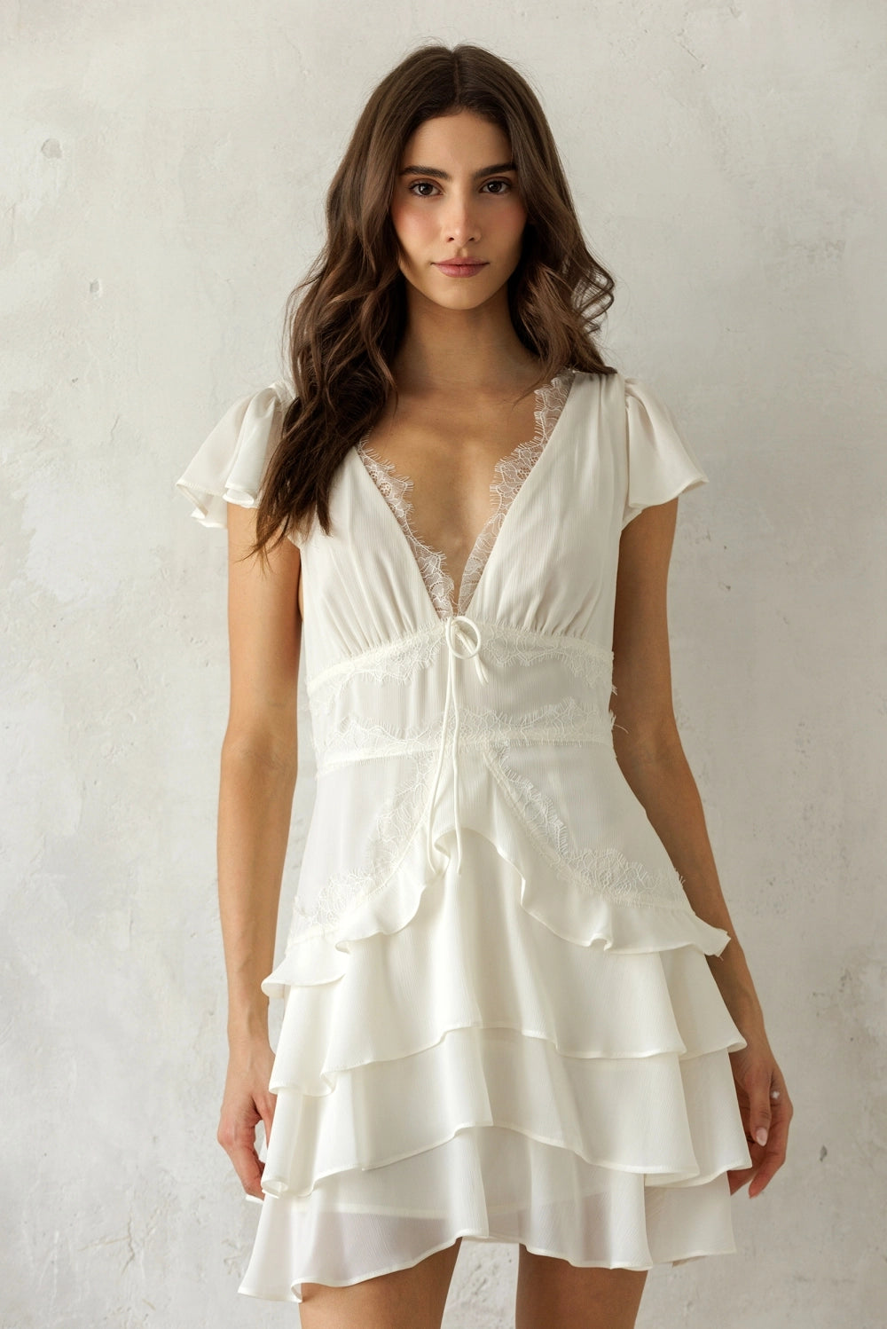 Beatrice Lace Trim Tiered Mini Dress