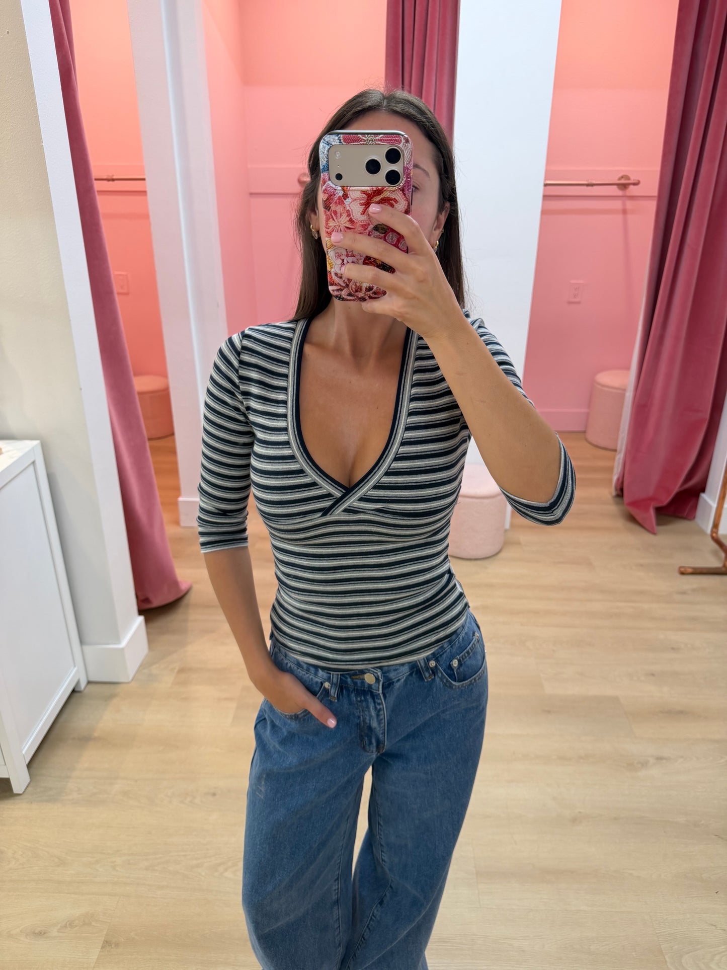 Piper Quarter Sleeve Top - Navy and Grey Stripe