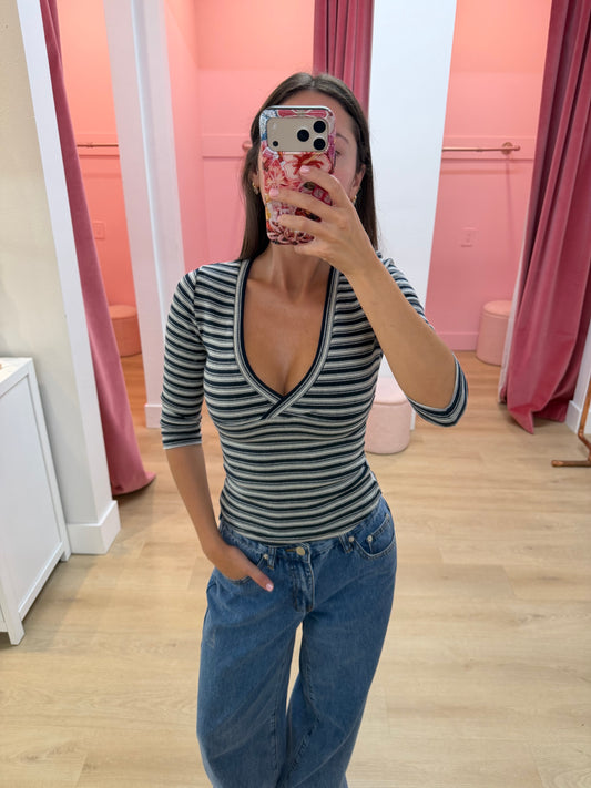 Piper Quarter Sleeve Top - Navy and Grey Stripe