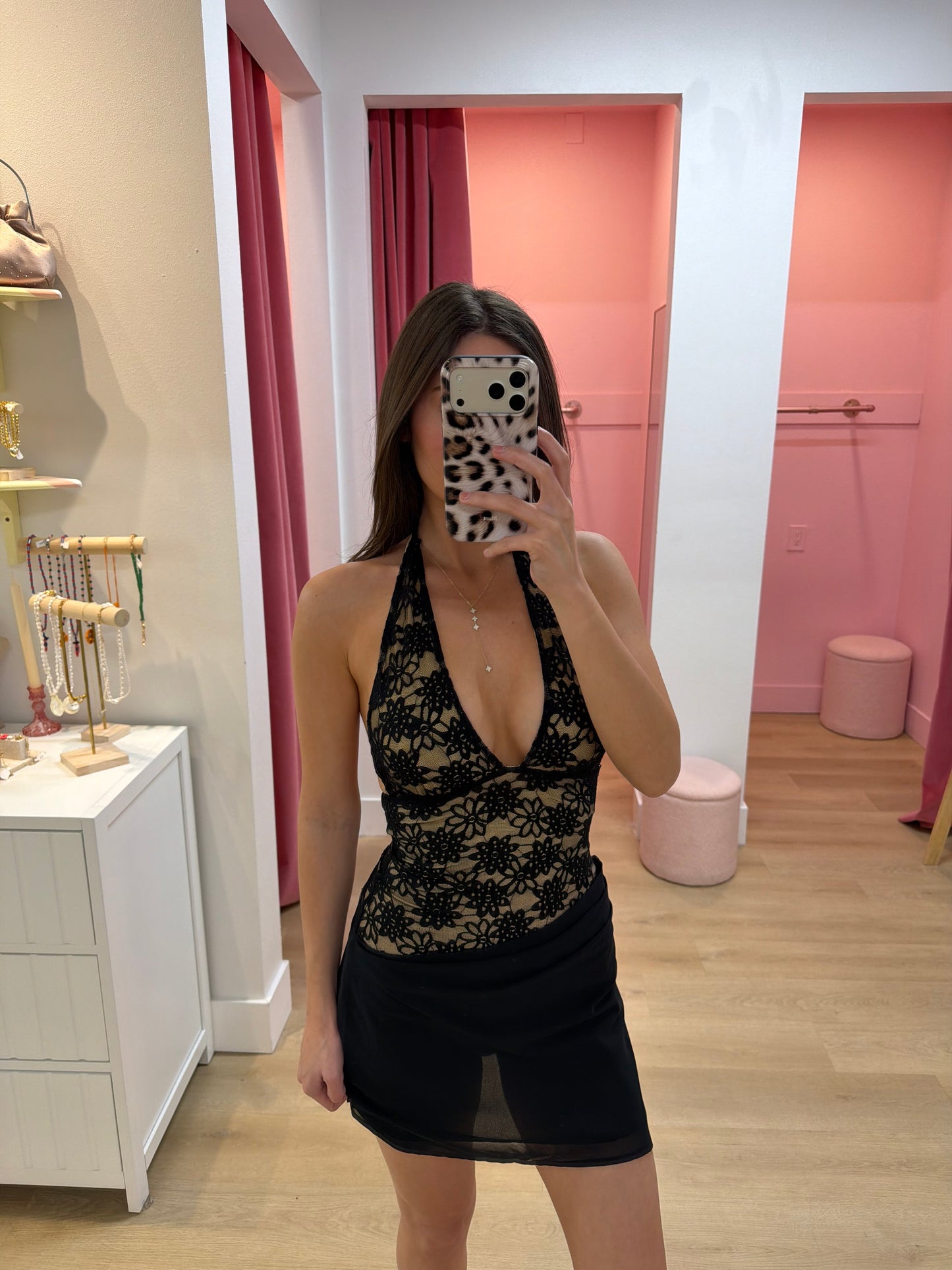 LINA HALTER DRAPED MINI DRESS - BLACK