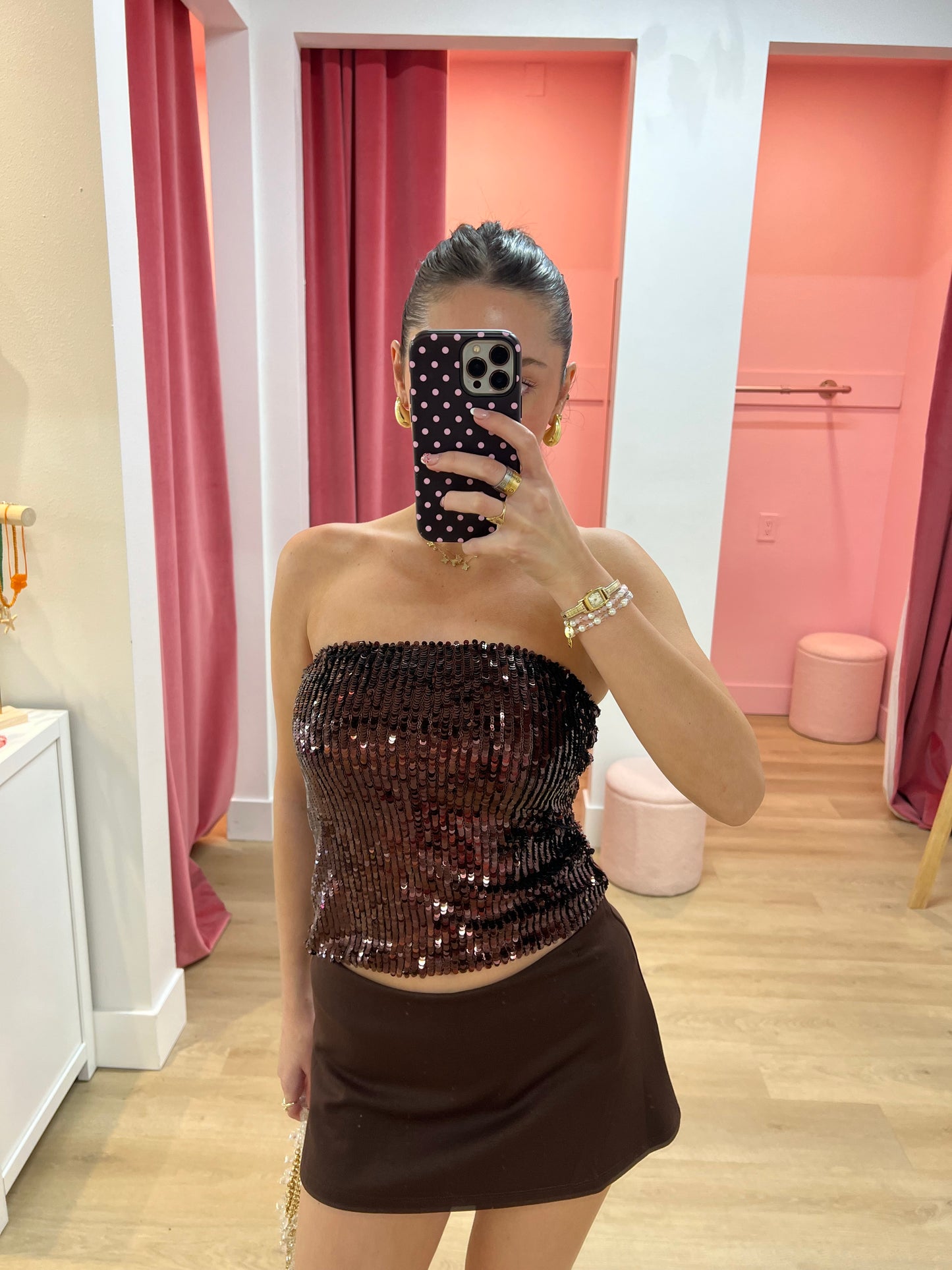 ANETTE STRAPLESS SEQUIN BUSTIER - CHOCOLATE