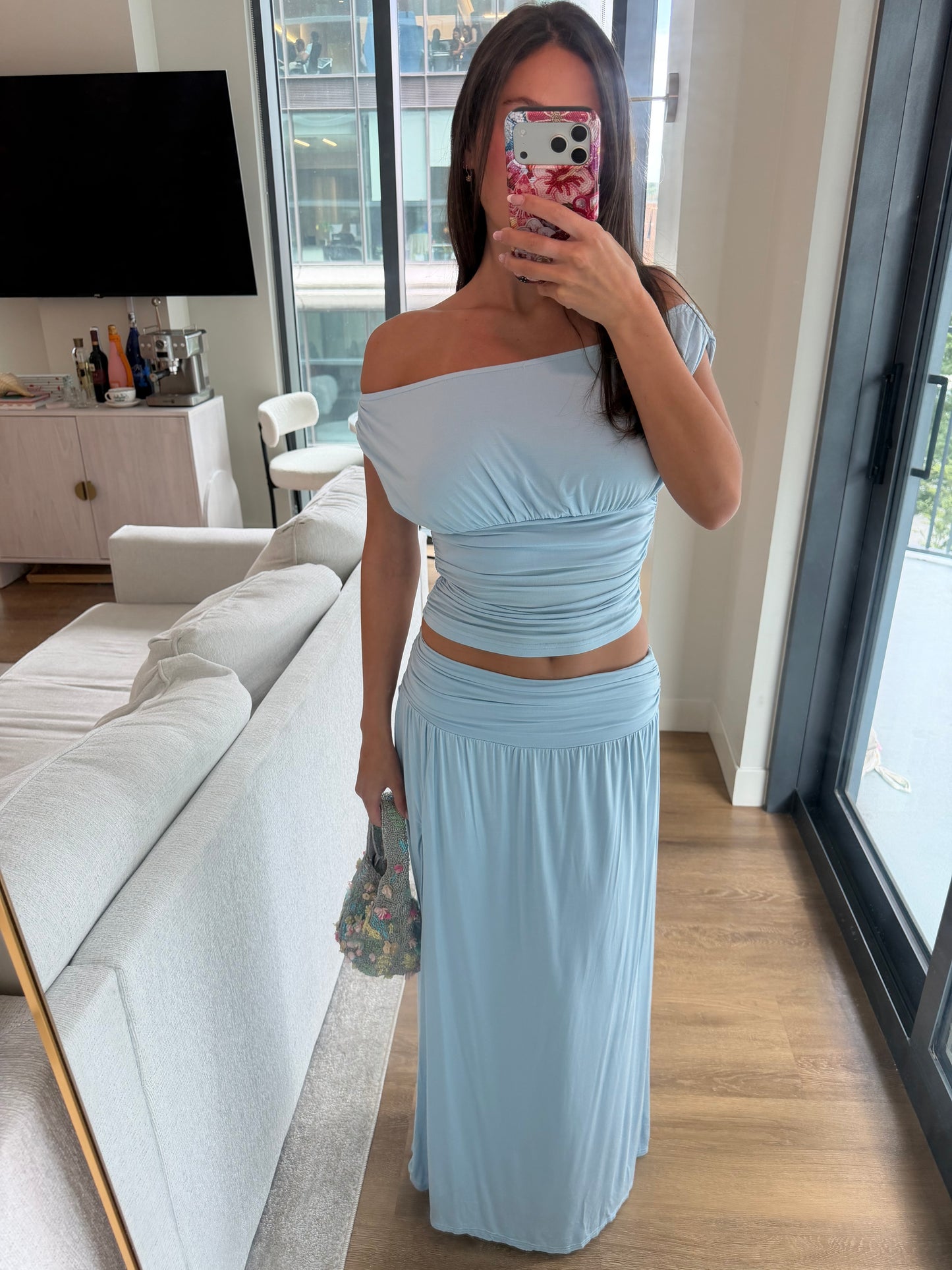 Farrah Ruched Maxi Skirt - SKY BLUE