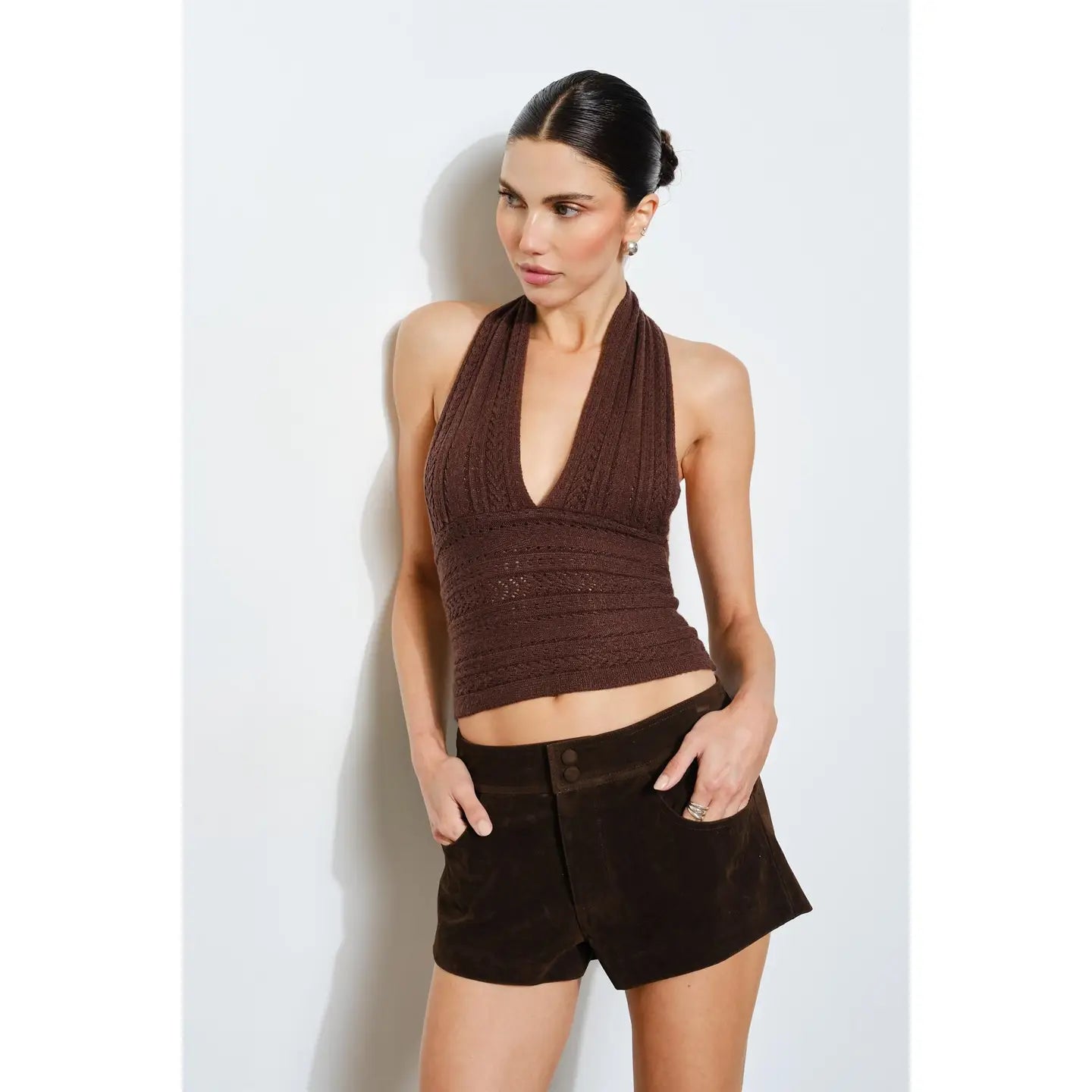 Lucia Cable Knit Halter Top - BROWN