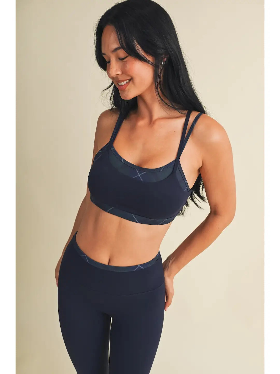Addie Layered Sports Bra - Navy Plaid