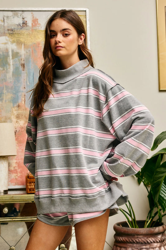 Sloane Mock Neck Sweatshirt- Pink Stripe