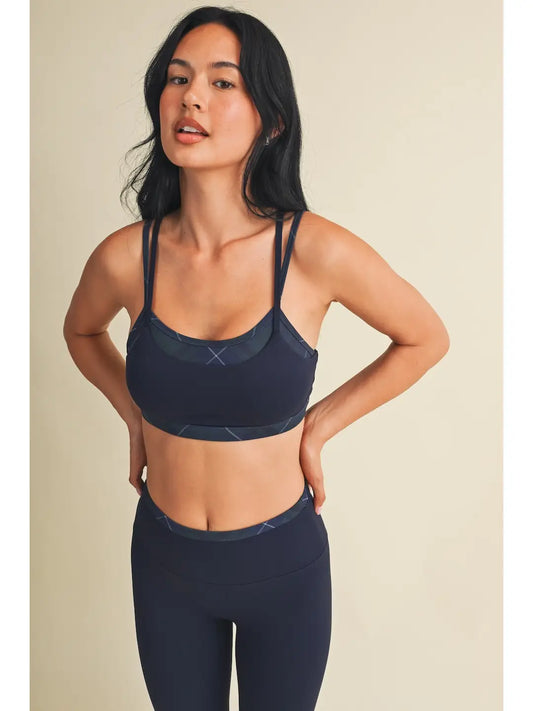 Addie Layered Sports Bra - Navy Plaid