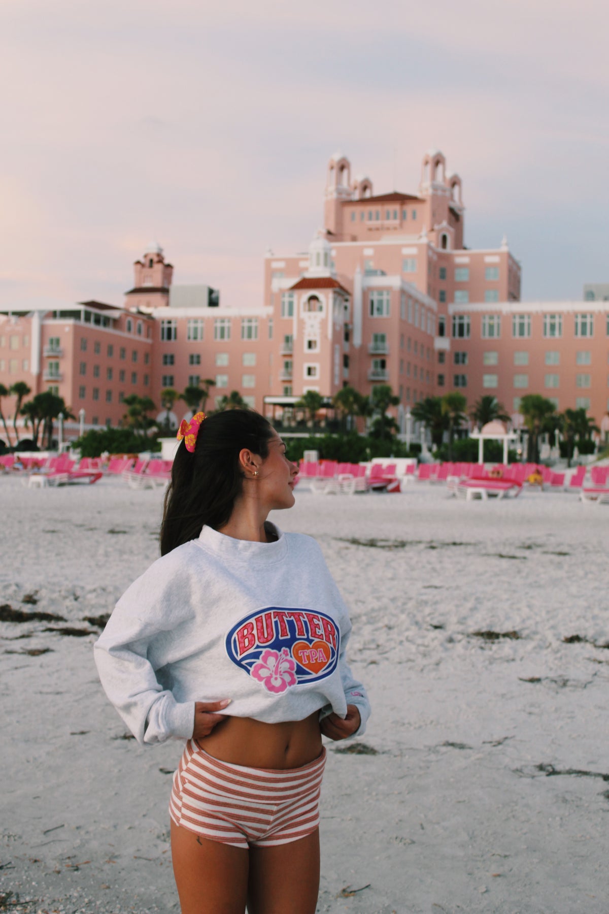 ‘BUTTER’ Terry Funnel Neck Pullover - Hibiscus