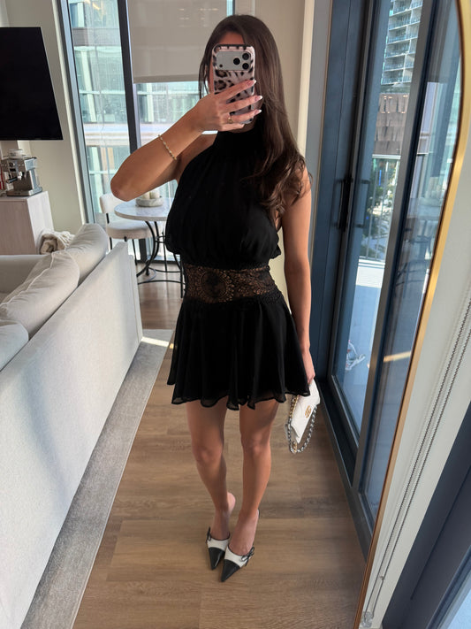 Luna Lace Waist Mini Dress - Black