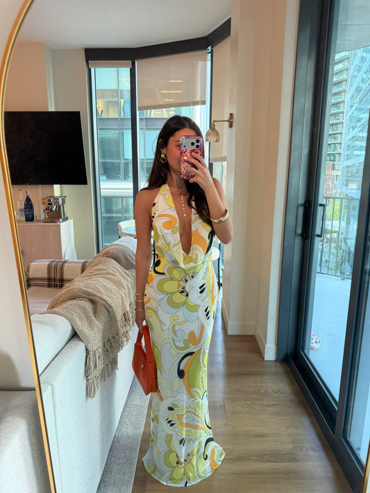 Serafina Plunge Halter Maxi Dress- Pelicano Multi