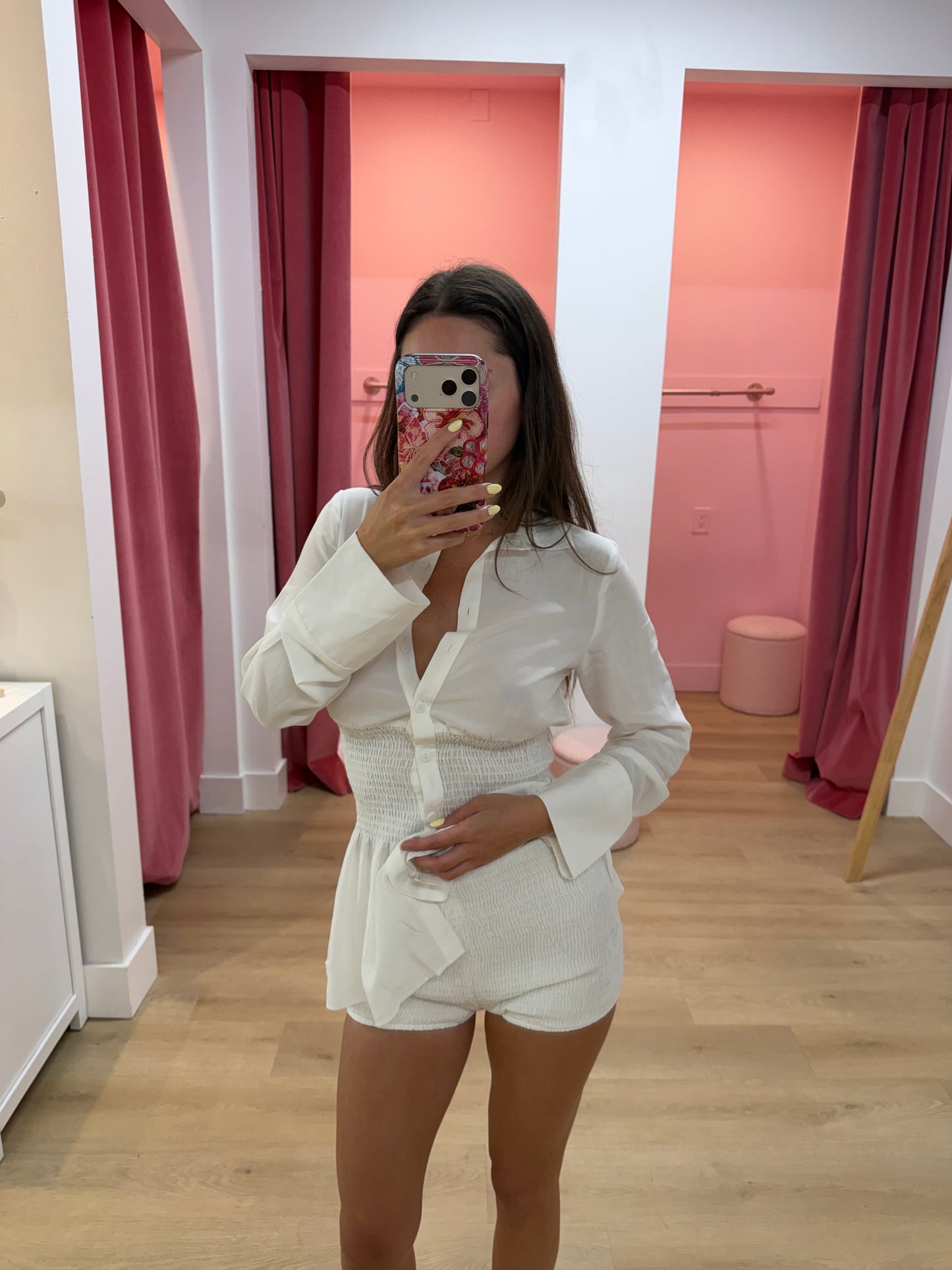 Mae Long Sleeve Shirred Shirt - WHITE