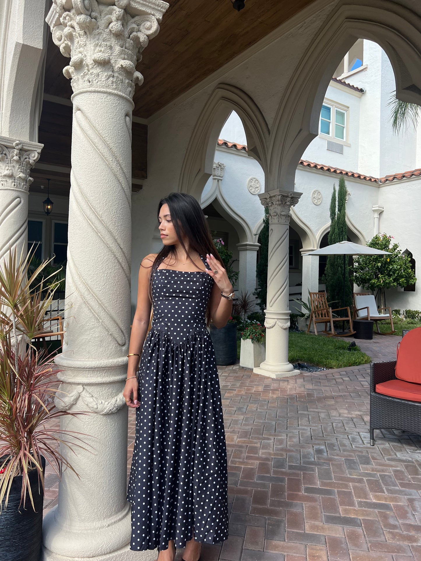 Tatum Polka Dot Halter Midi Dress - Black