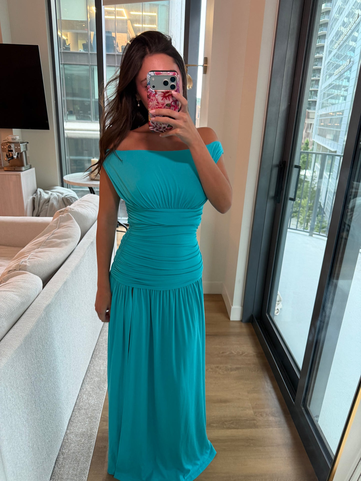 IVA OFF SHOULDER MAXI DRESS - TURQUOISE