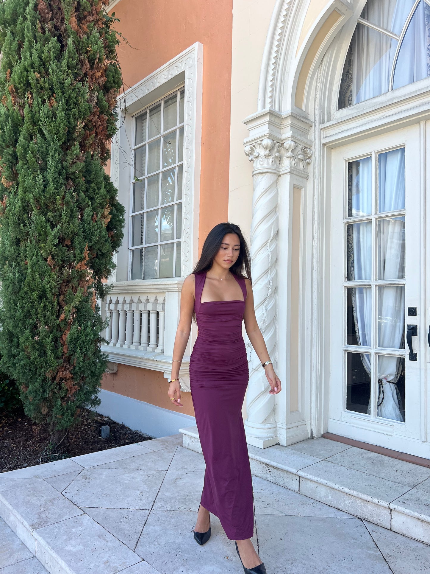 SHARNI RUCHED MIDI DRESS - PLUM