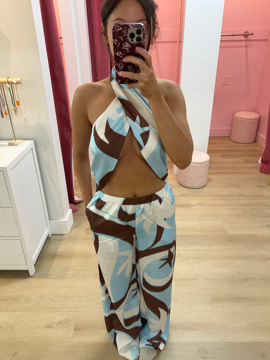 SACHI CROSS FRONT HALTER TOP - RINA BLUE