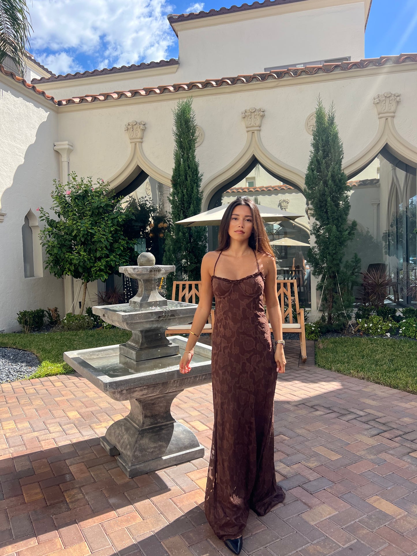 ELLERBY FRILL TRIM MAXI DRESS - CHOCOLATE