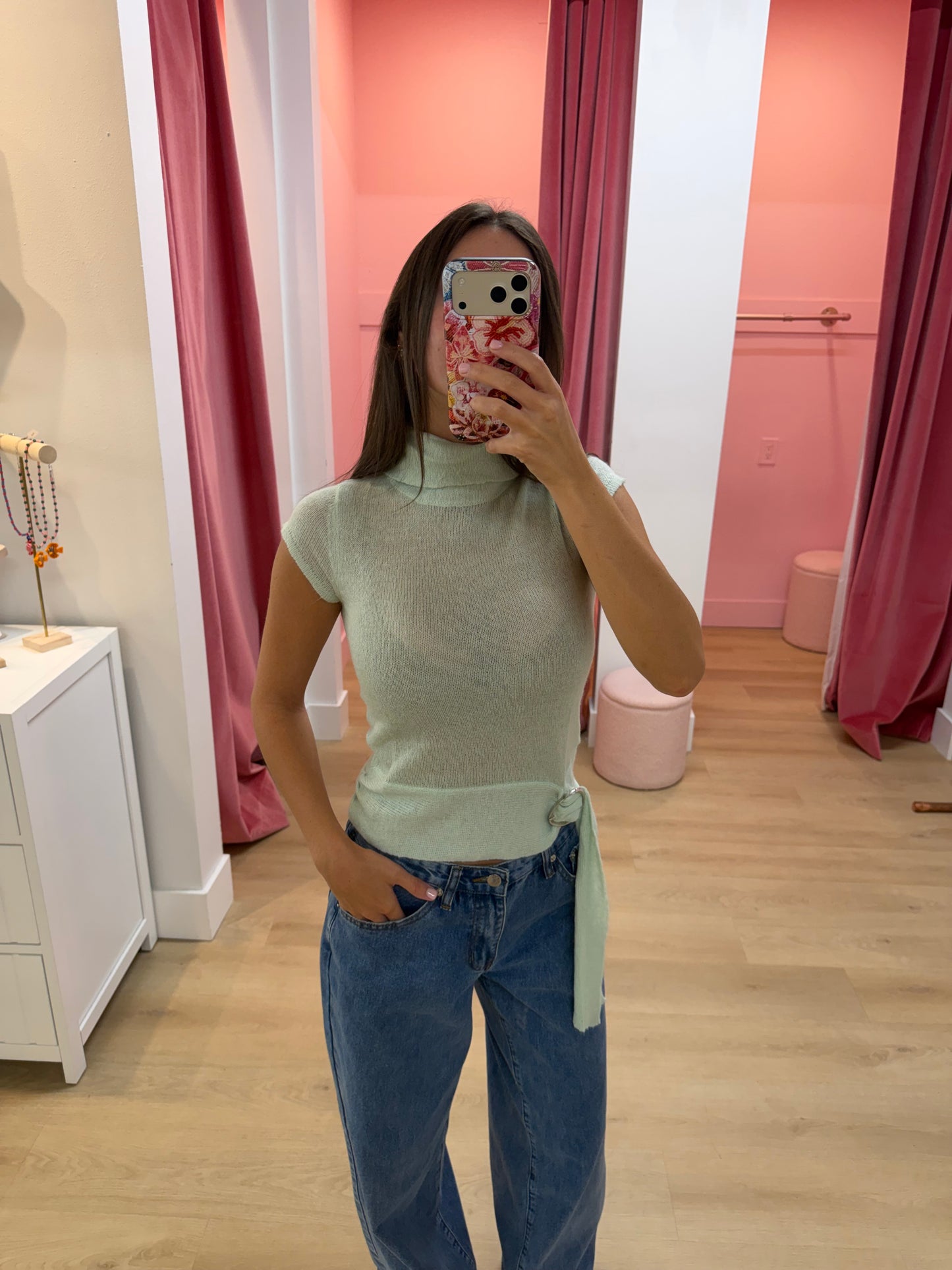 Jianna Buckle Waist Top - Sheer Knit Mint