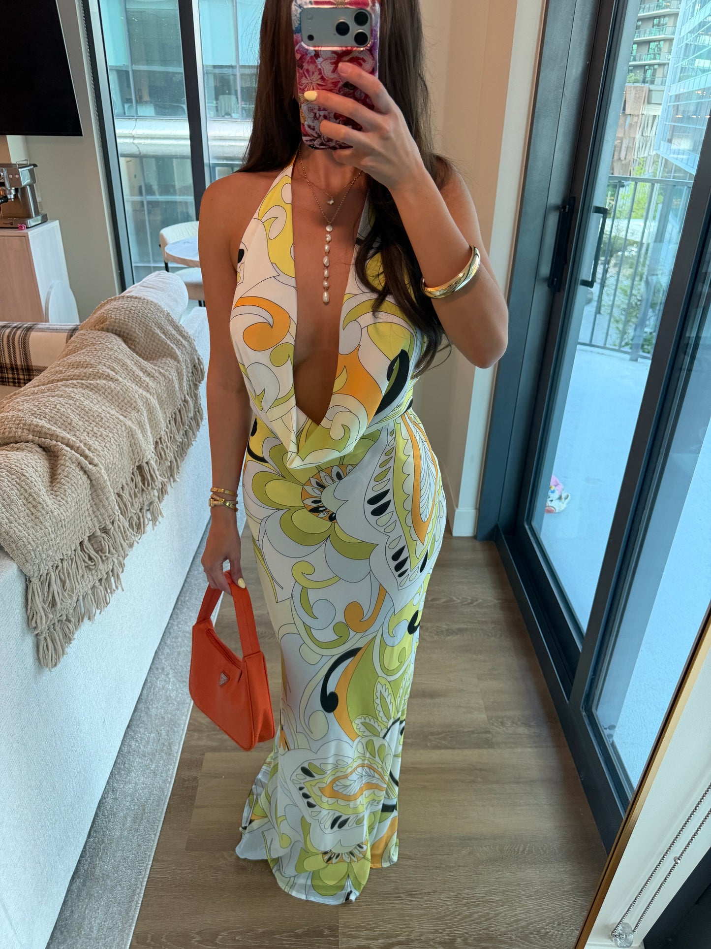 Serafina Plunge Halter Maxi Dress- Pelicano Multi