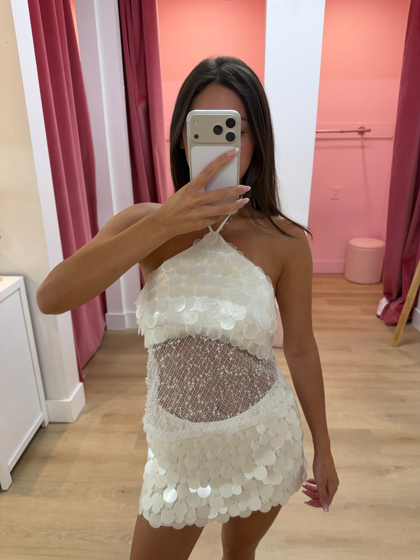 Portofino Pearl Sequin Mesh Halter Top - White