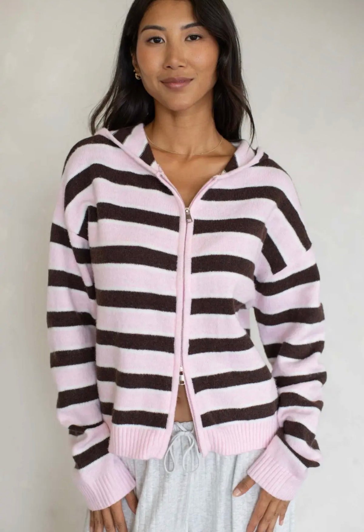 Colby Double Zip Hoodie Sweater - Pink