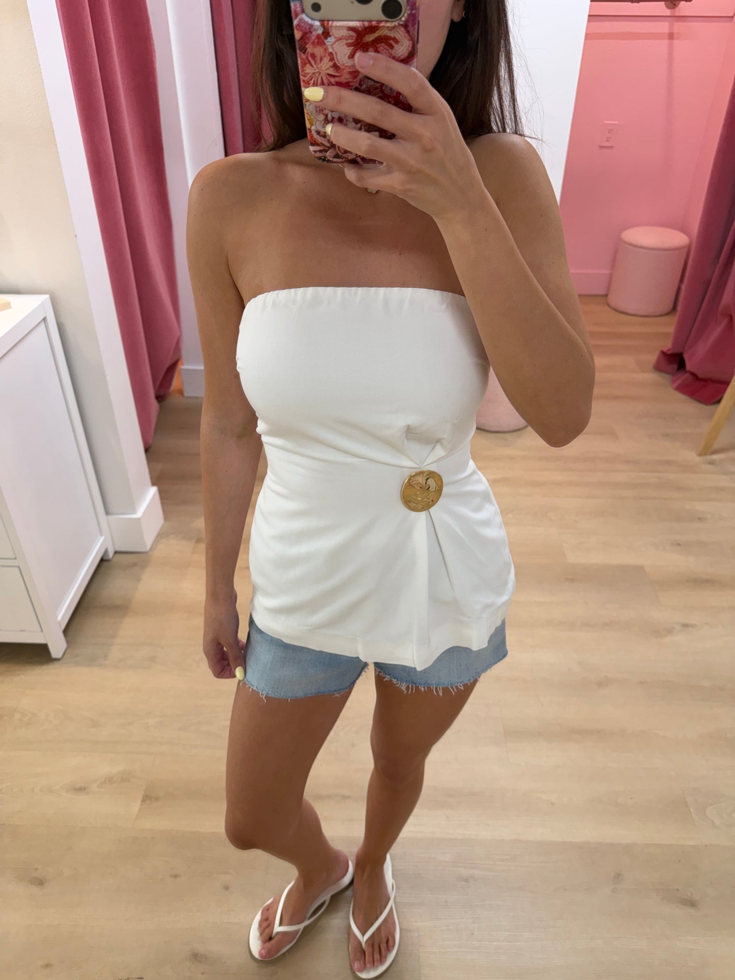 Jessa Strapless Gold Booch Top - WHITE
