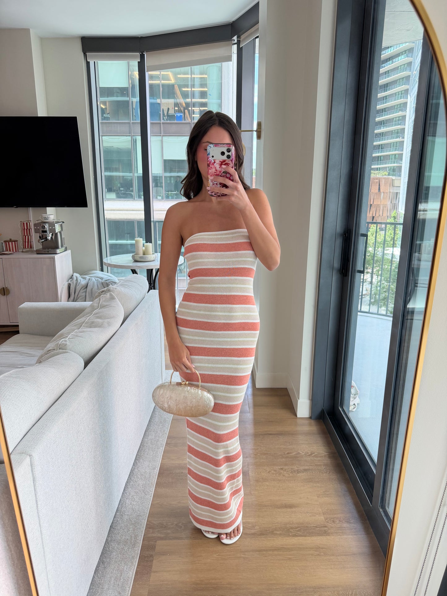 Celia Shimmer Dress - PEACH STRIPE