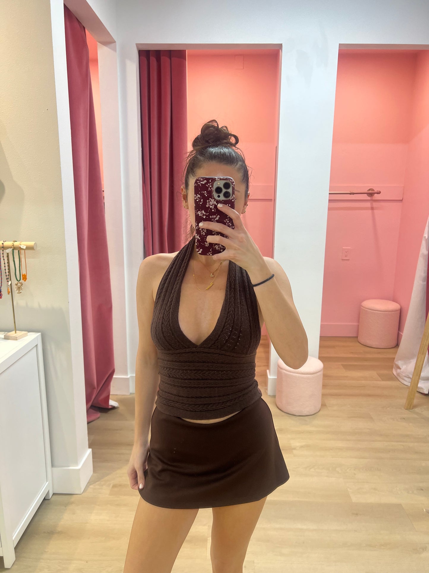Lucia Cable Knit Halter Top - BROWN