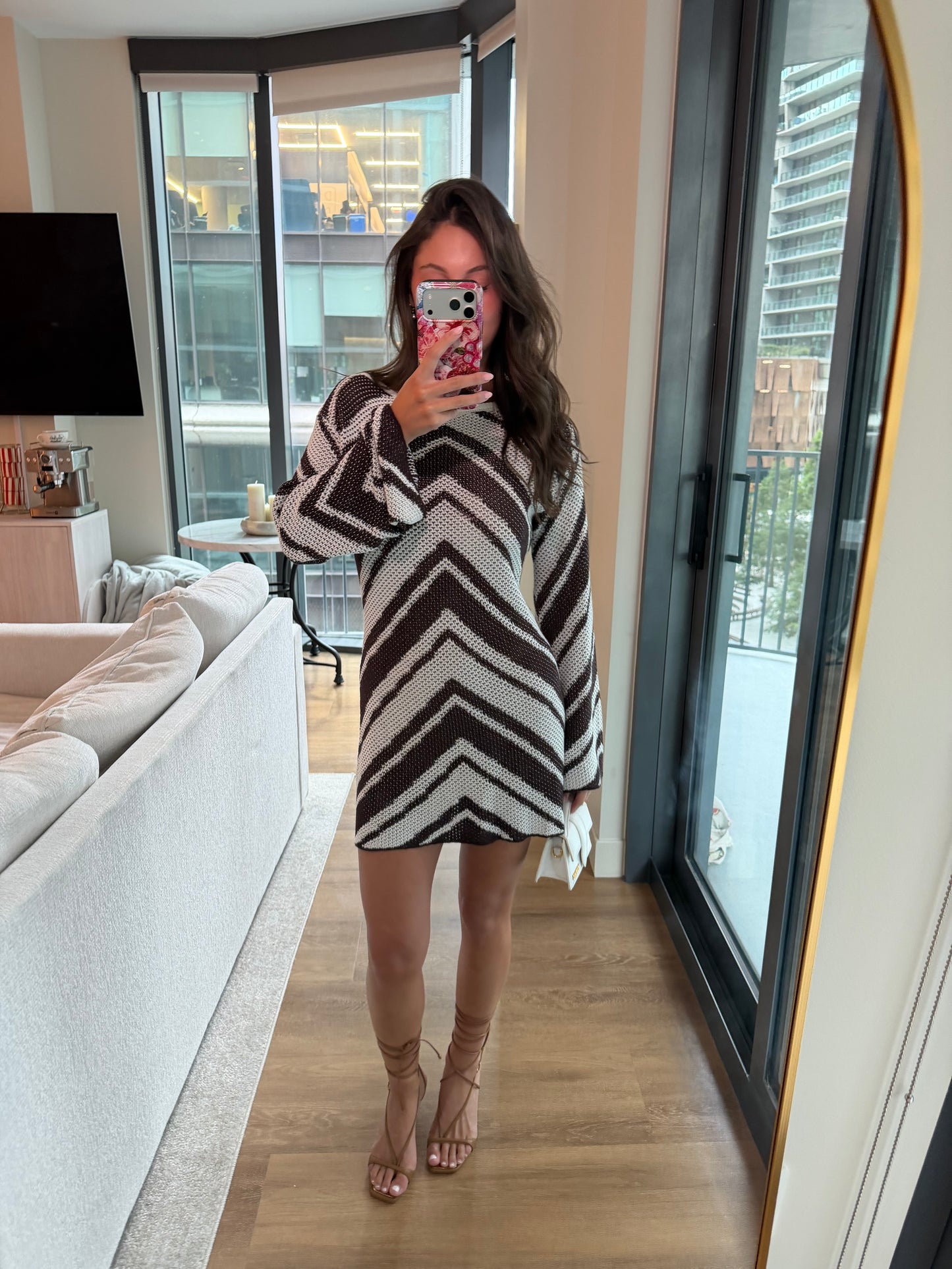 MAZIE LONG SLEEVE KNIT MINI DRESS - CHOCOLATE/BUTTER CREAM