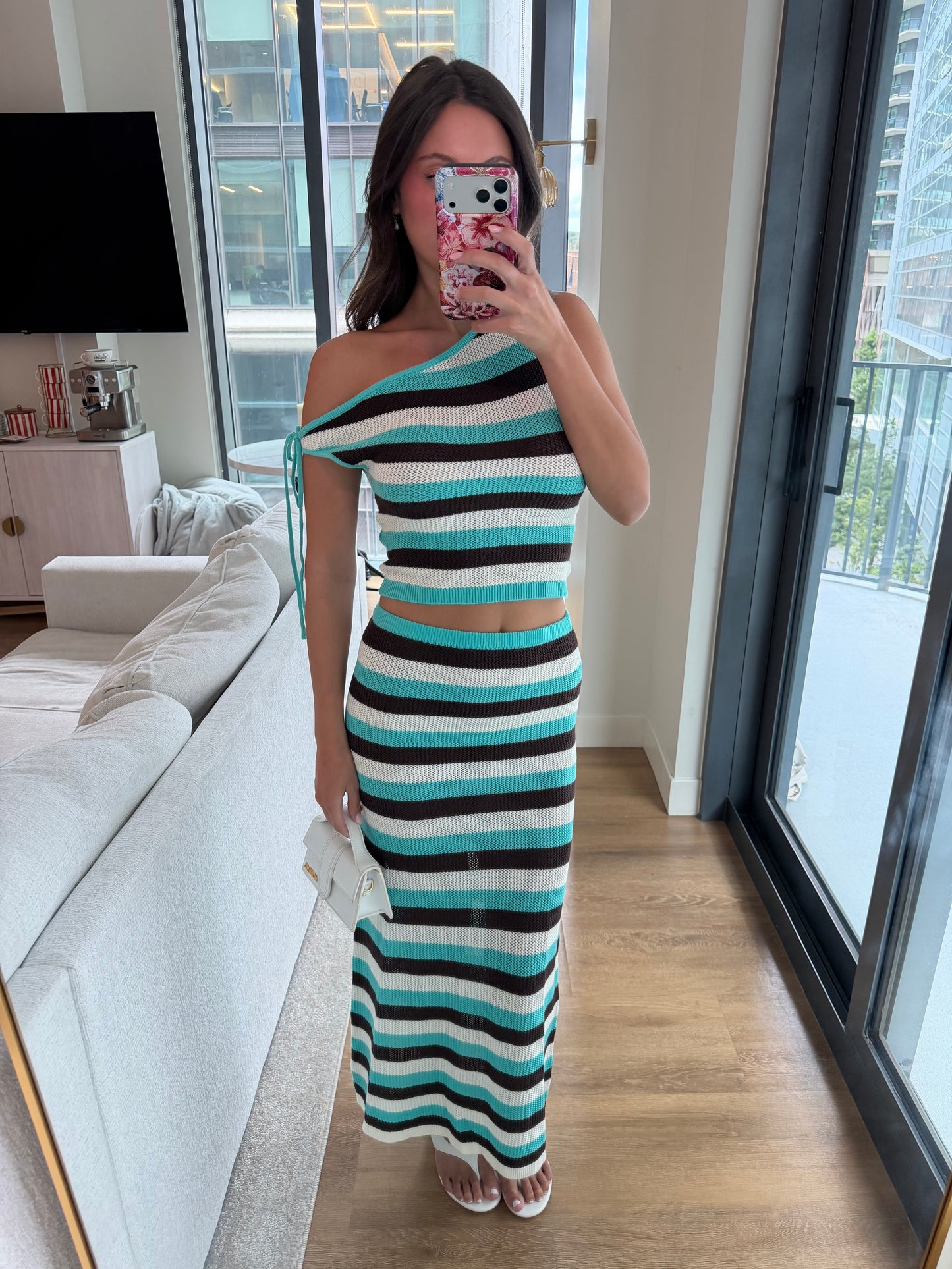 HAZEL OFF SHOULDER KNIT TOP - AQUA MULTI