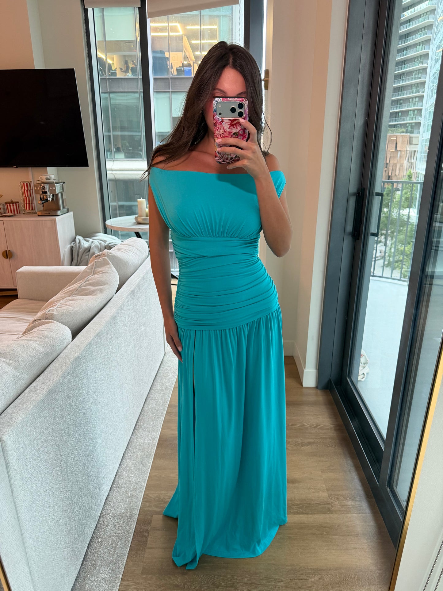 IVA OFF SHOULDER MAXI DRESS - TURQUOISE